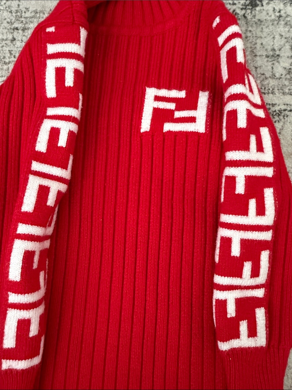 Red Ribbed Logo Knit Sweater Dress with White Accents
